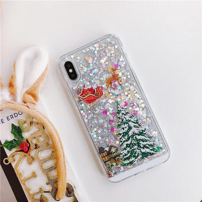 Christmas quicksand design phone case with Santa Claus pattern for iPhone and Samsung devices
