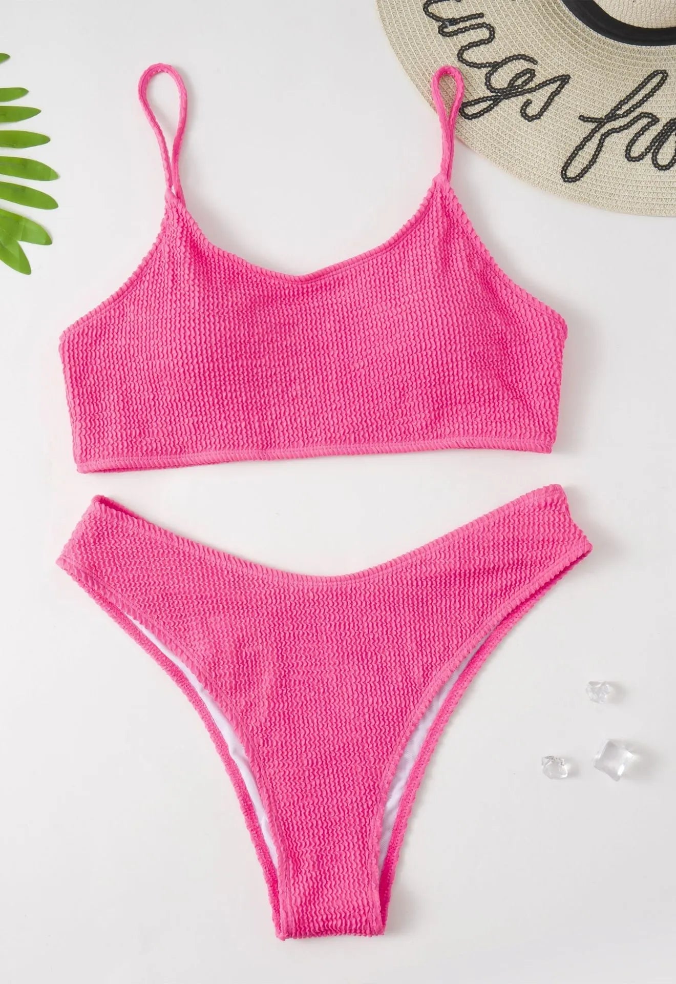 Plus-size solid pink bikini swimsuit with chest pad for women, polyester fabric, sizes L to 4XL