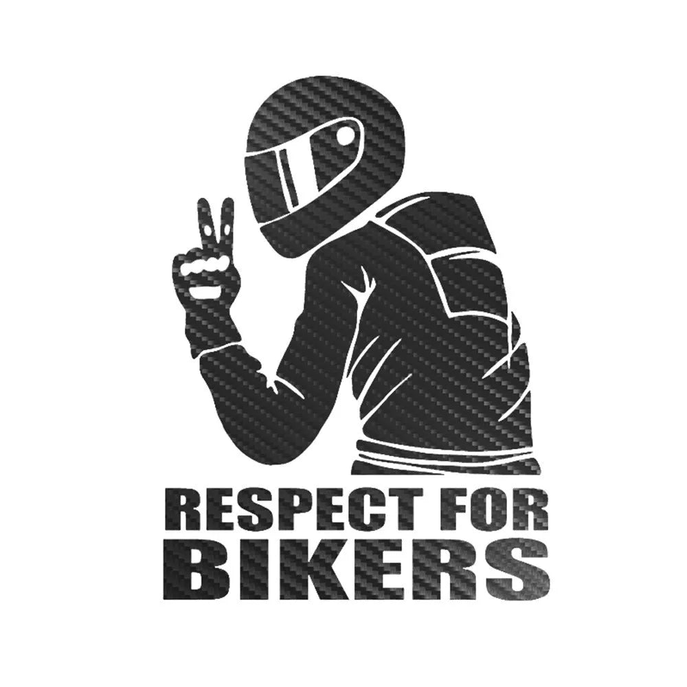 Respect For Bikers 15x11cm car sticker in reflective silver, black, red, yellow, laser, and 3D carbon fibre finishes.