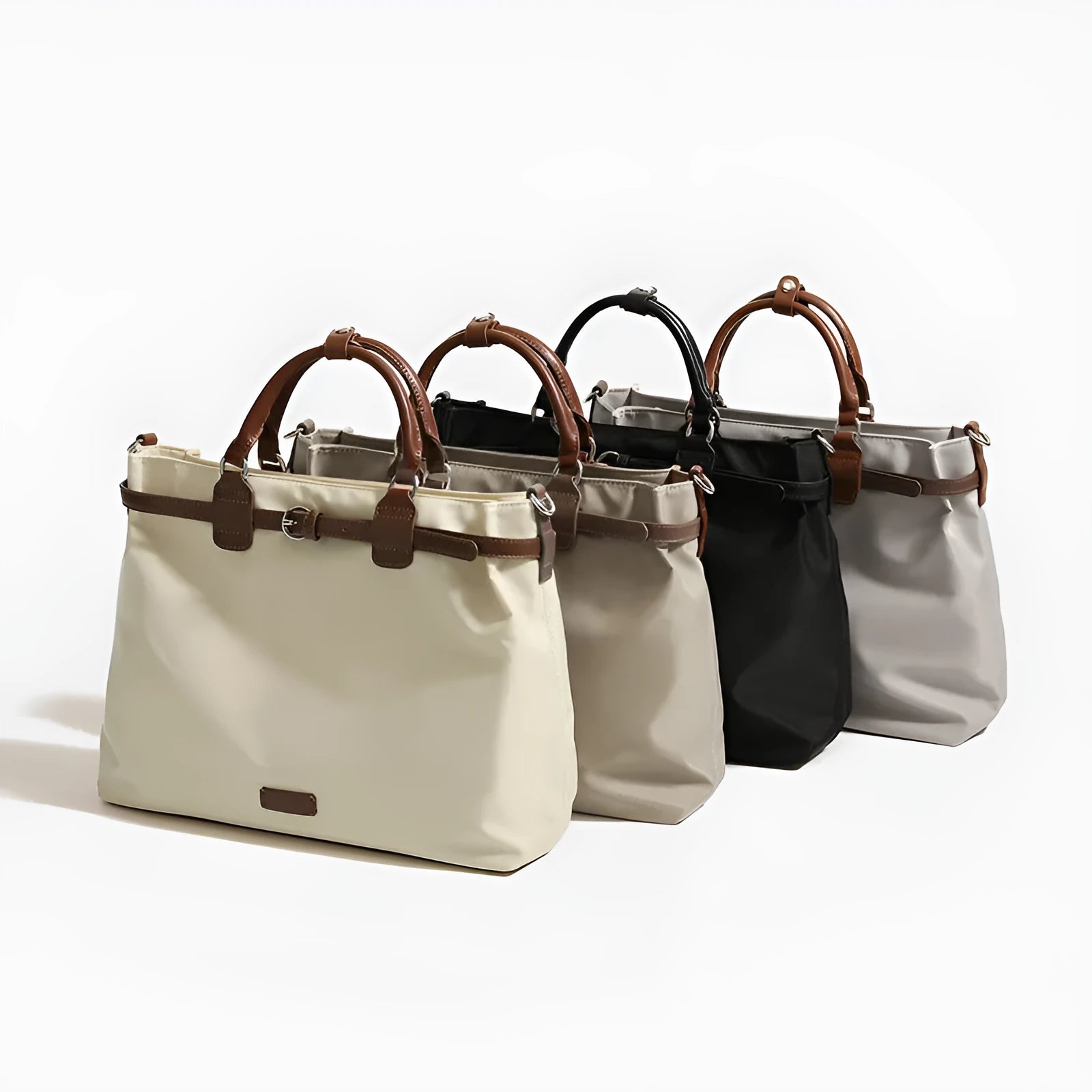 Women's nylon shoulder tote bag in creamy-white colour showing internal compartments and three shoulder straps