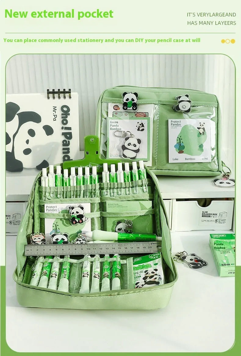 Green canvas panda pencil case with 12 internal storage layers for stationery organisation.
