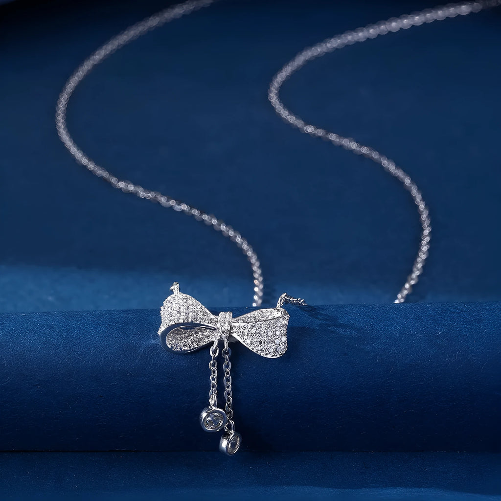 S925 sterling silver bow pendant necklace with O-ring chain, silver colour, 40-45cm length