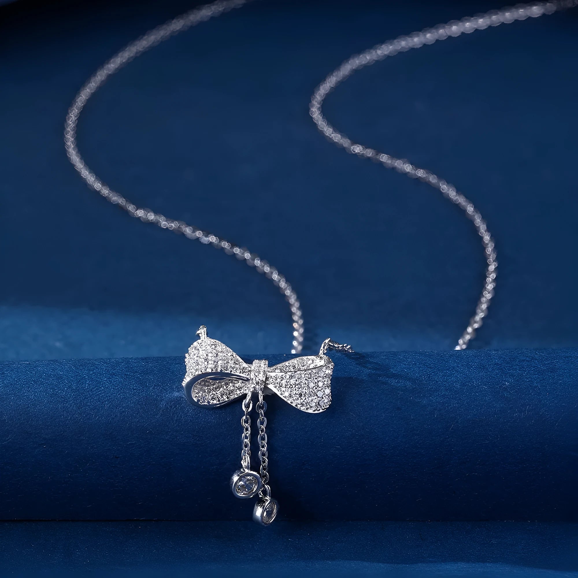S925 sterling silver bow pendant necklace with O-ring chain, silver colour, 40-45cm length