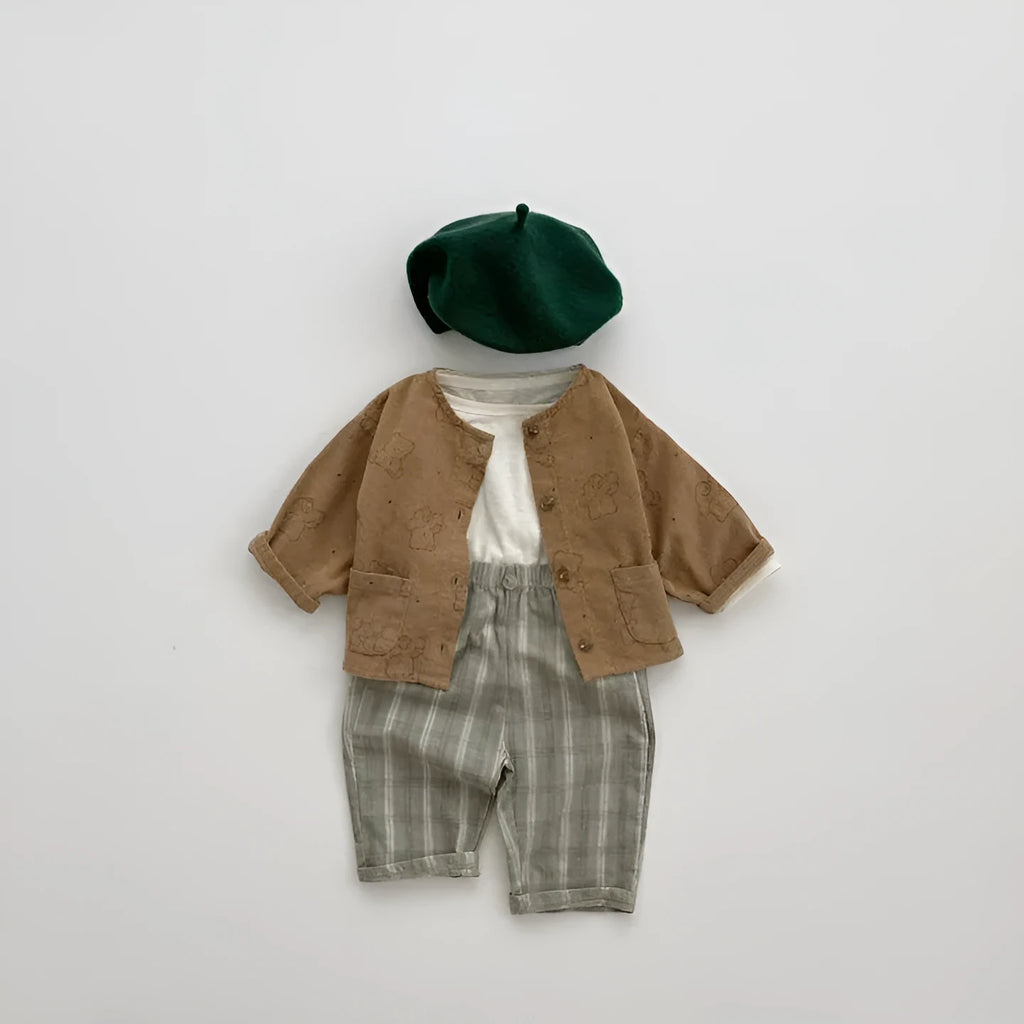 Cotton baby plaid trousers in mid waist Korean style, available in orange, grey, green, and plaid patterns