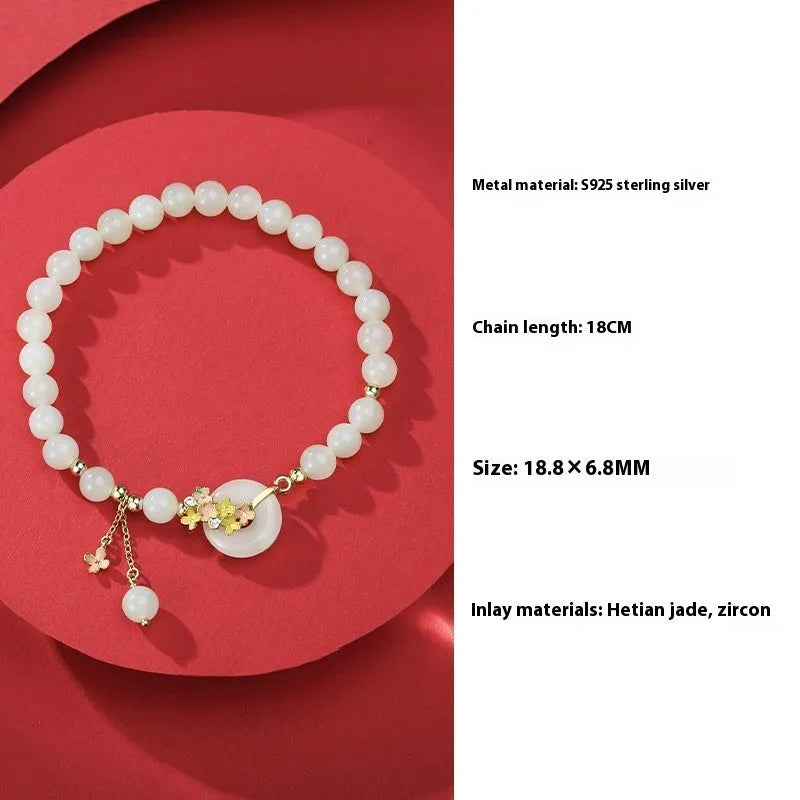 Osmanthus style sterling silver bracelet with inlaid 6mm natural Hetian jade gemstone and peace buckle clasp