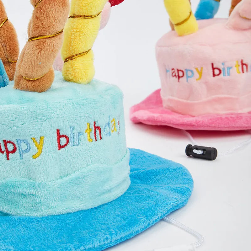 Blue adjustable dog birthday hat on small dog with measurements showing 21cm length 15cm width