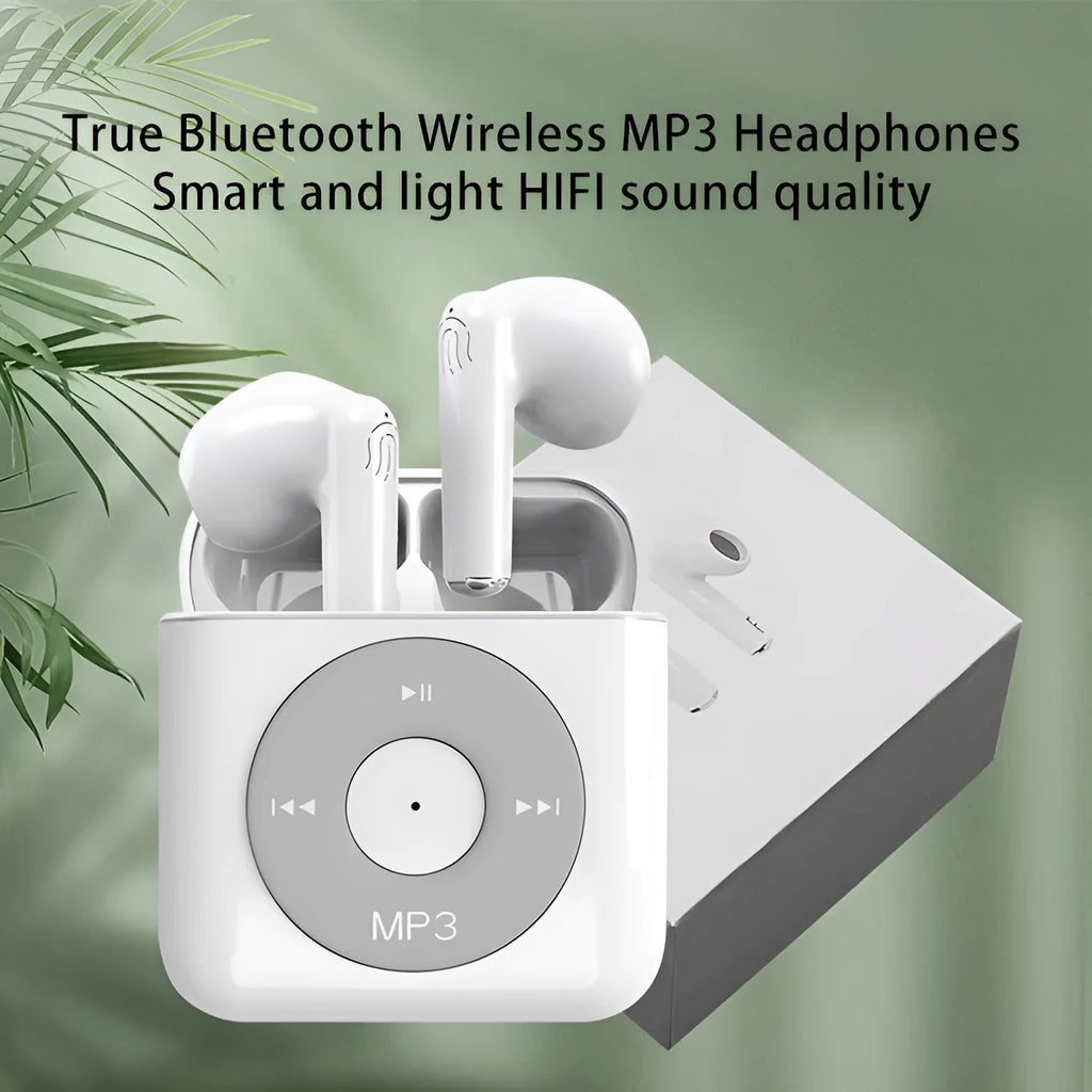 White wireless Bluetooth semi in-ear headphones with a charging case on a solid background.