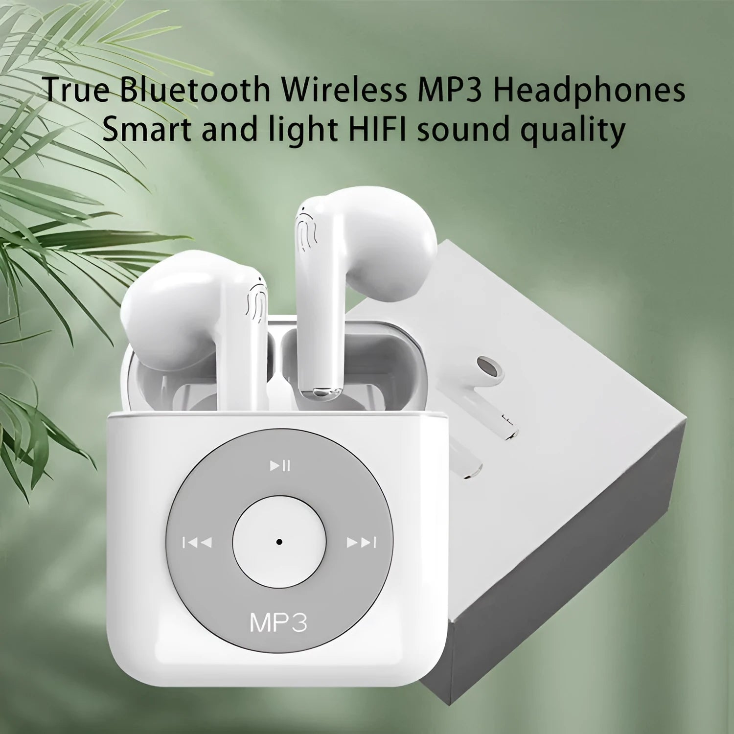 White wireless Bluetooth semi in-ear headphones with a charging case on a solid background.