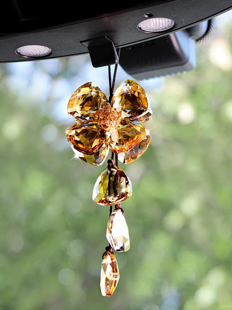 Crystal four leaf grass car pendant approximately 20cm in transparent champagne black shiny colours