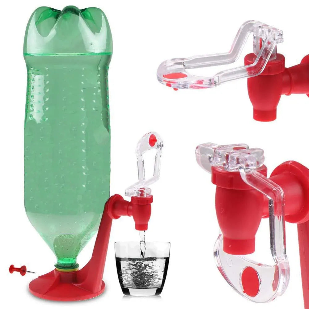 Red plastic Magic Tap soda dispenser attached to 2-litre bottle