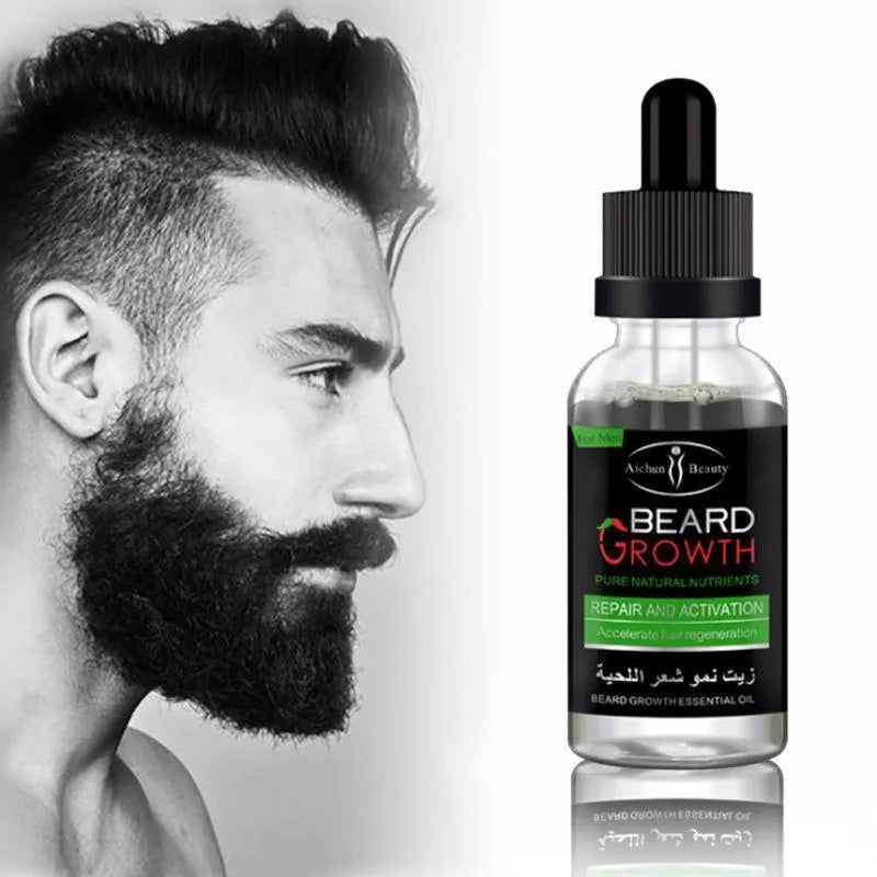 Bottle of natural beard growth essential oil for men, moisturises and conditions facial hair