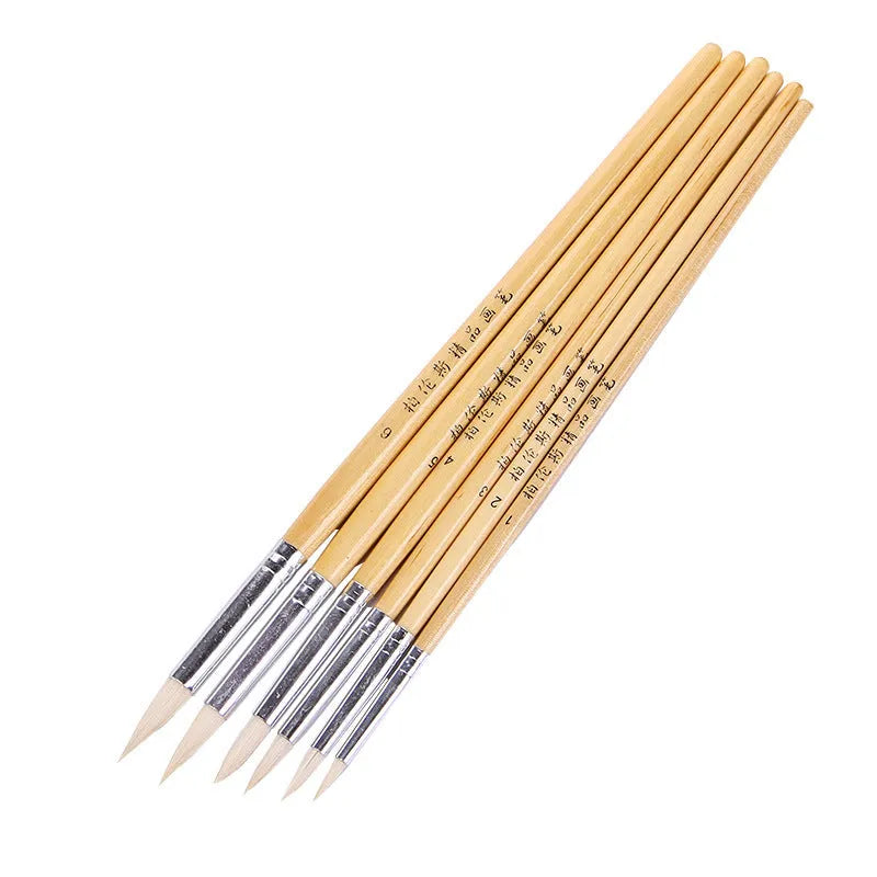 Set of six wooden pen brushes with pointed wool hook lines for calligraphy and art