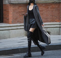 Long grey knitted cardigan hooded trench coat with cashmere wool blend fabric shown front view