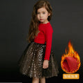 Red cotton long sleeve princess dress for a young girl with lace and bow details for Christmas.
