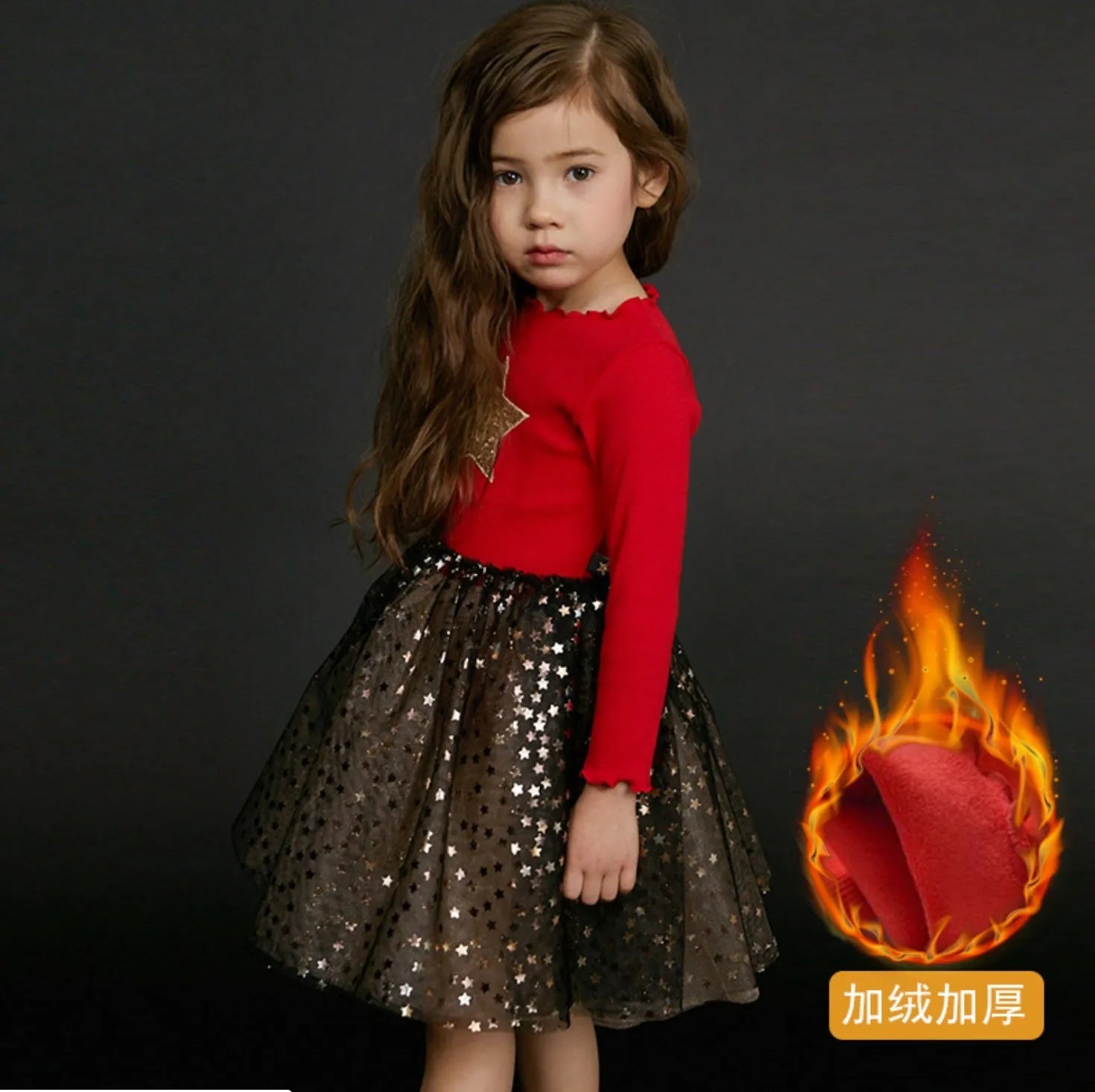 Red cotton long sleeve princess dress for a young girl with lace and bow details for Christmas.