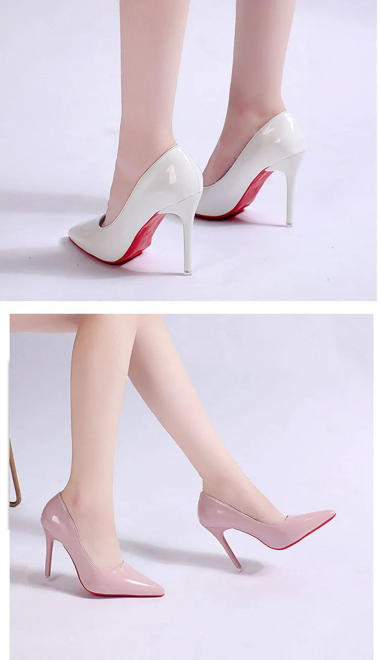 Women's black stiletto pumps with pointed toe and shallow mouth design on white background