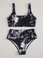 Women's marble tie-dye high-waist bikini set with U-neck top and separate pieces
