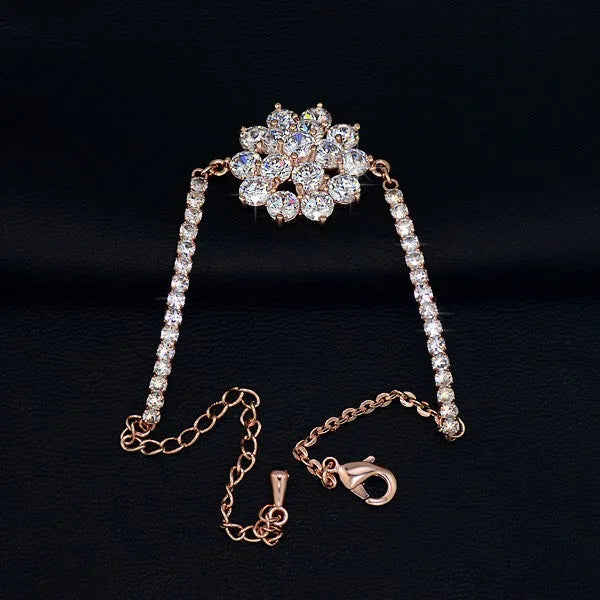 Rose gold cubic zirconia bracelet for women with adjustable 13-19cm length and cross, crown or Roman numeral design.