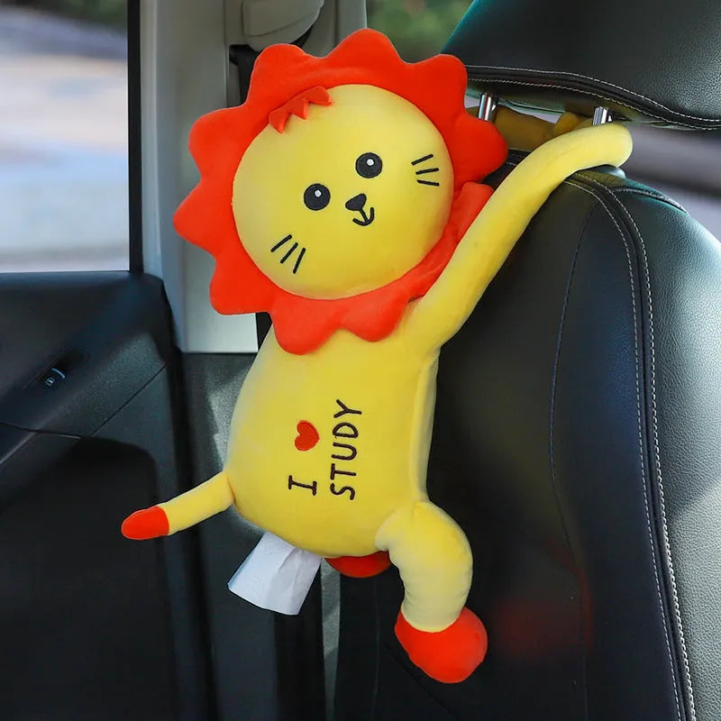 Plush car seat back-mounted tissue box holder with elastic straps in character design