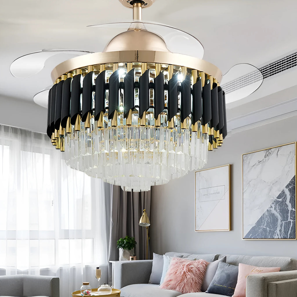 Crystal chandelier style ceiling fan with light and remote control on white ceiling.