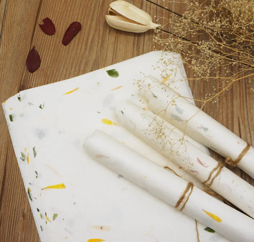 Ten sheets of ancient Chinese style painting paper for calligraphy in Green Leaf, Green Silk, Safflower, and Yellow Flower colours.