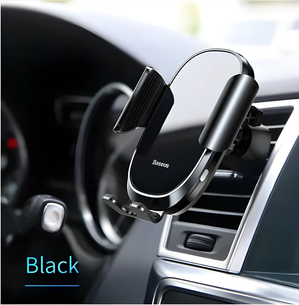 Intelligent touch sensor car phone holder in black, air vent mount, aluminium alloy and glass panel, fitting 4.0-6.5 inch phones.