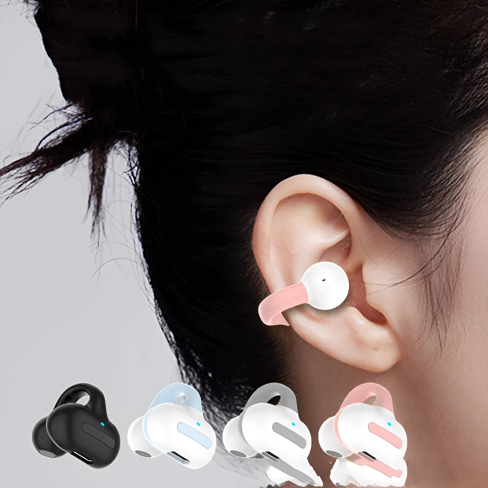 Clip-style Bluetooth headset earphones in silicone construction with ear-to-ear design