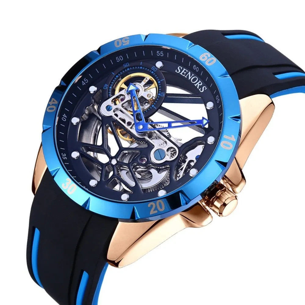 Men's rose gold automatic skeleton watch showing mechanical movement through hollow dial, 16mm thick business timepiece