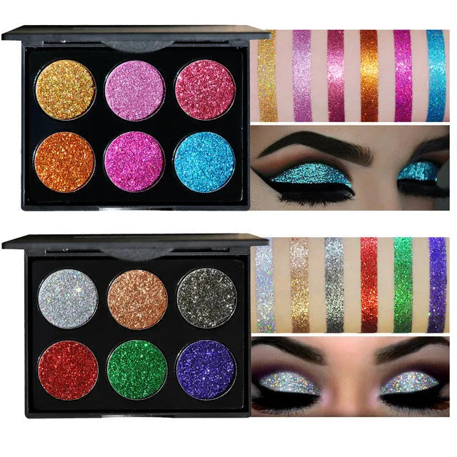 Sequin eye shadow tray with 6 colours in a 10 cm by 7.8 cm by 0.9 cm palette