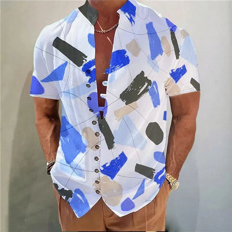 Youth wearing a short sleeve cardigan with a blue and white 3D geometric floral print pattern.