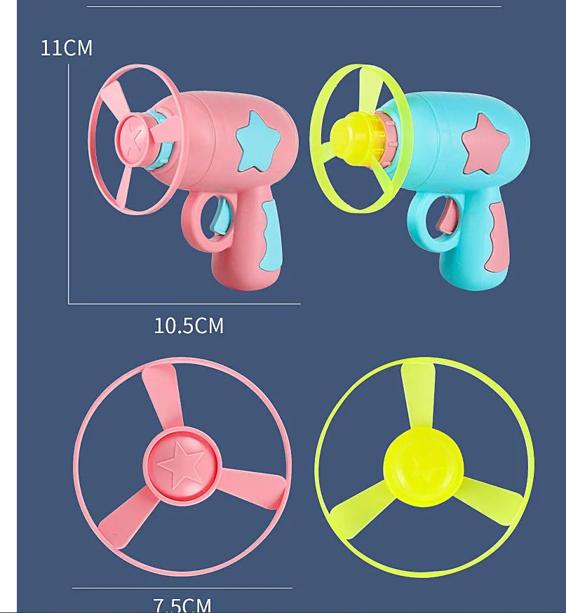 Six-pack of LED flying saucer launcher toys with colourful discs and target boards