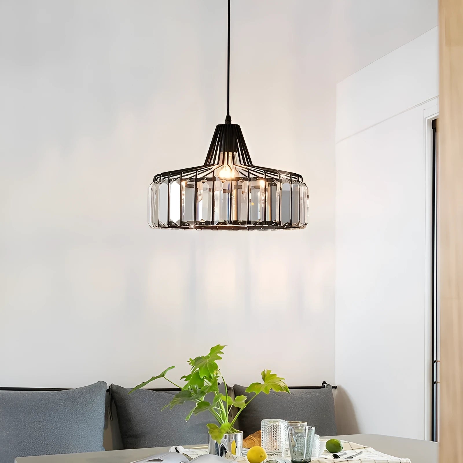 Modern crystal LED ceiling chandelier with black iron frame and decorative crystal elements