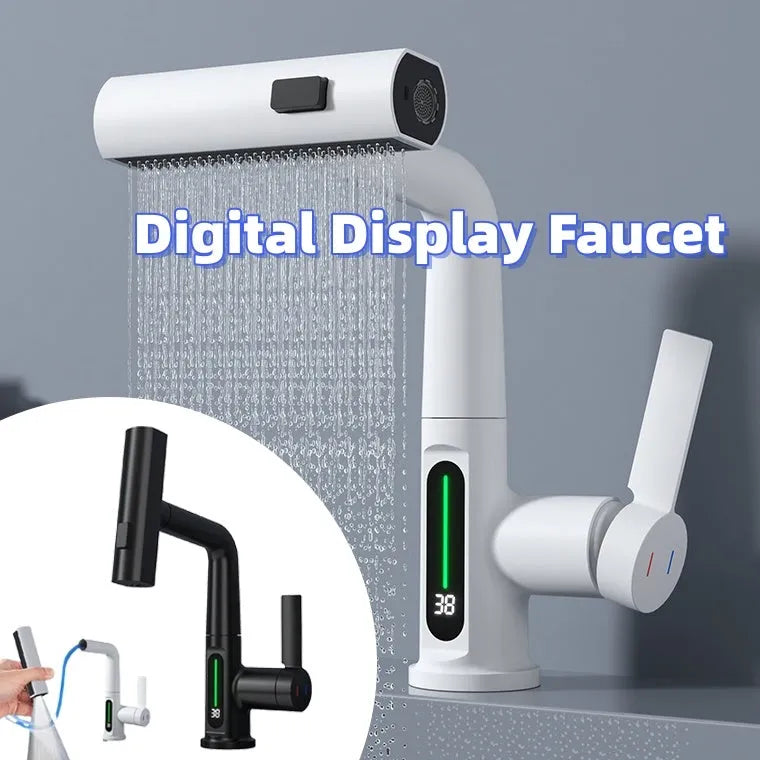 Digital display pull-out faucet showing water temperature with extendable hose