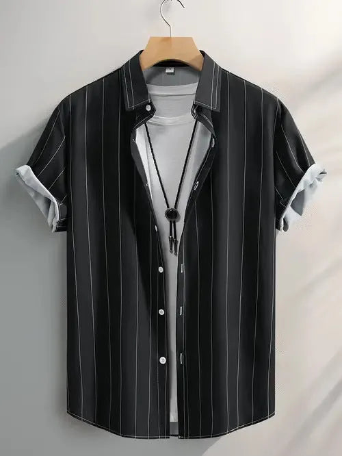 Men's loose fit striped summer shirt with stand collar in cardigan style
