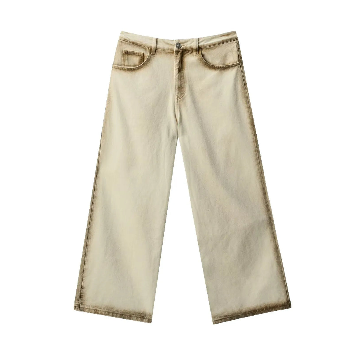 Beige loose straight floor-length cotton pants with mid-rise waist and non-stretch fabric