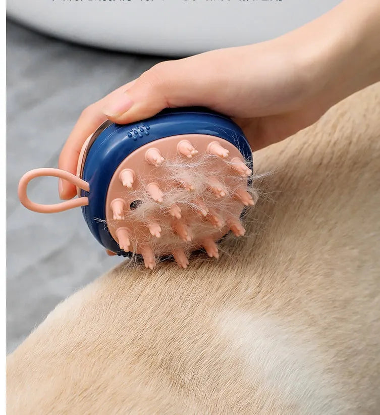 Blue and green 2-in-1 pet grooming brush with shampoo dispenser for dog and cat bathing