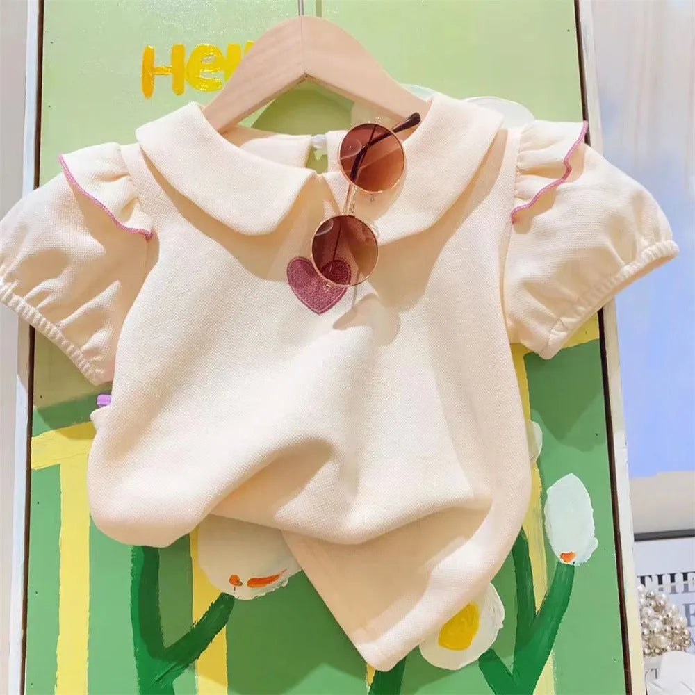 Summer girls' two-piece suit with short sleeve top and shorts in picture colour, for heights 90-140cm