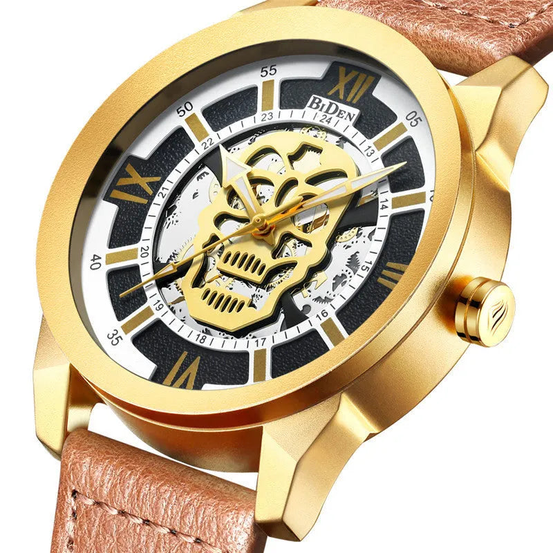 Biden men's hollow quartz watch with calendar display and black strap
