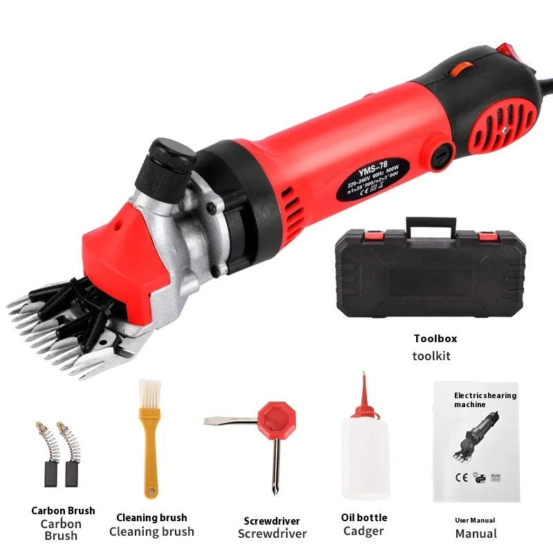 Yellow electric wool shearing machine with 13-tooth straight blade and accessory kit including multiple blades and maintenance tools