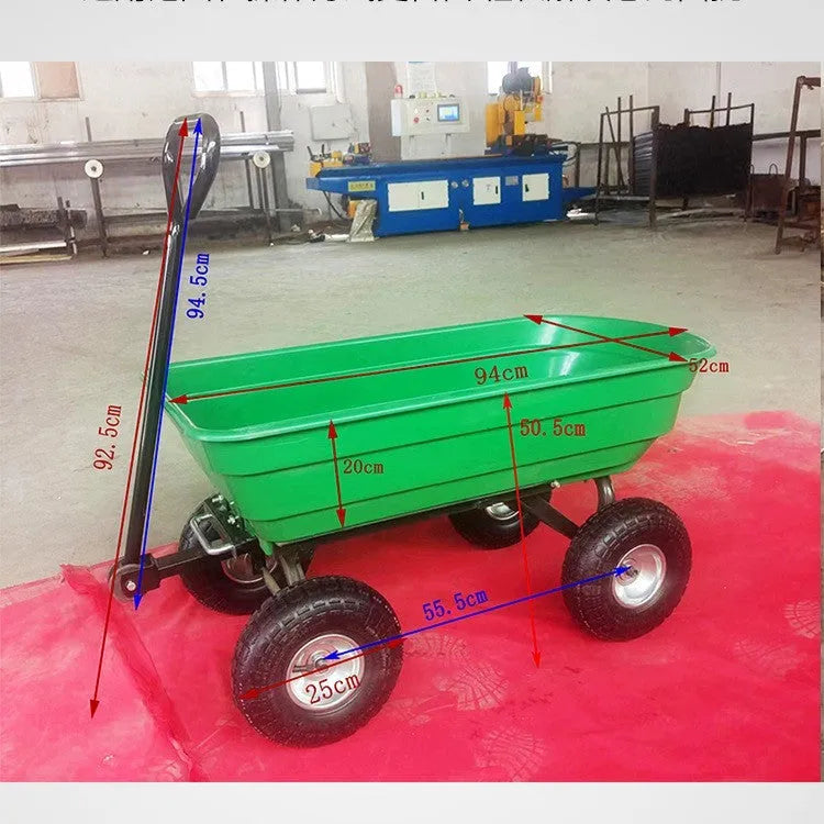 Green four-wheel plastic dump truck with steel frame, model TC2145, for farm and garden use.