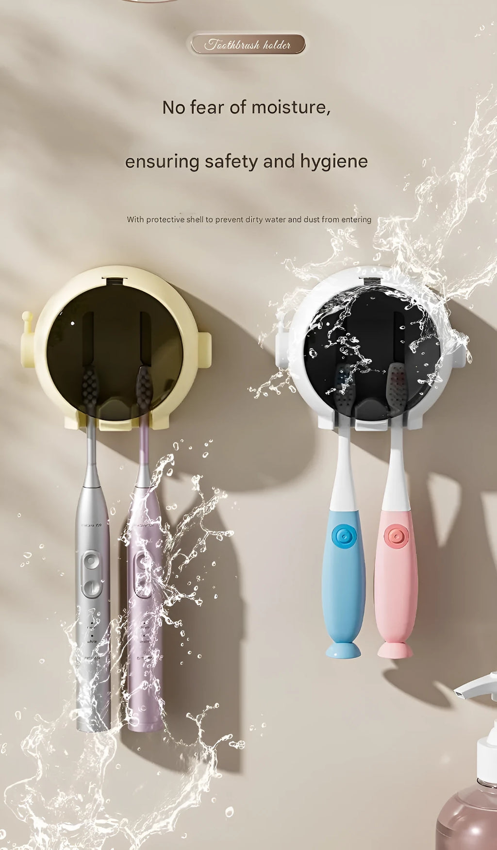 Cartoon wall-mounted no-drilling toothbrush holder in pink holding electric and manual toothbrushes