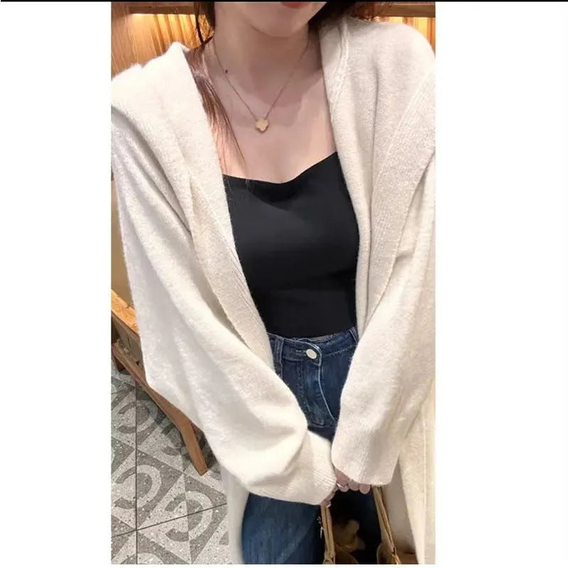 Korean-style long hooded cardigan for women in a wool blend, shown in a neutral colour.