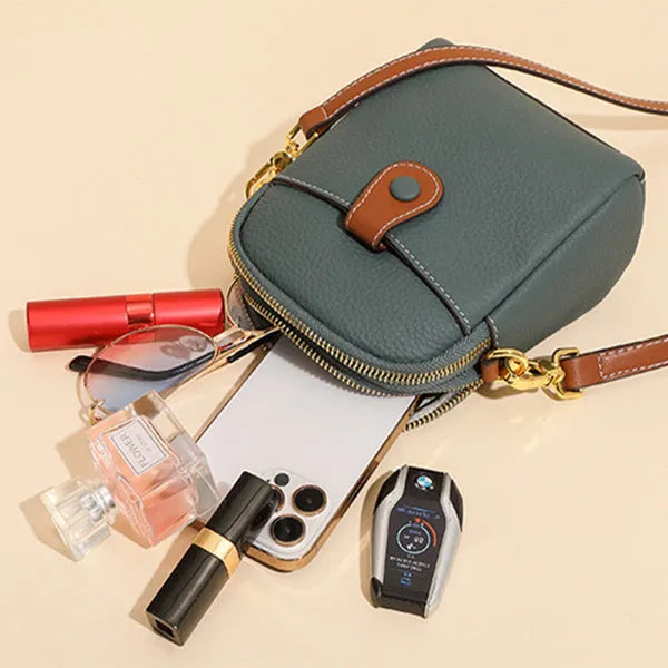 Lychee pattern top layer cowhide leather small crossbody mobile phone bag with coin purse, 14cm x 8.5cm x 18cm, cream colour