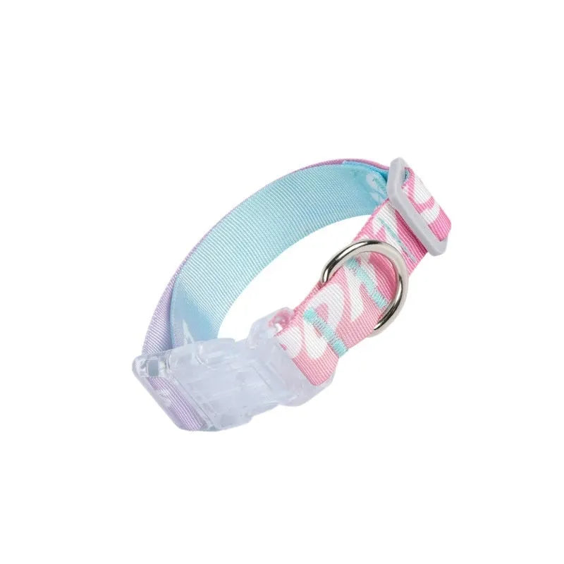 Adjustable nylon dog collar showing cartoon gradient print, displayed next to a solid panda green version.