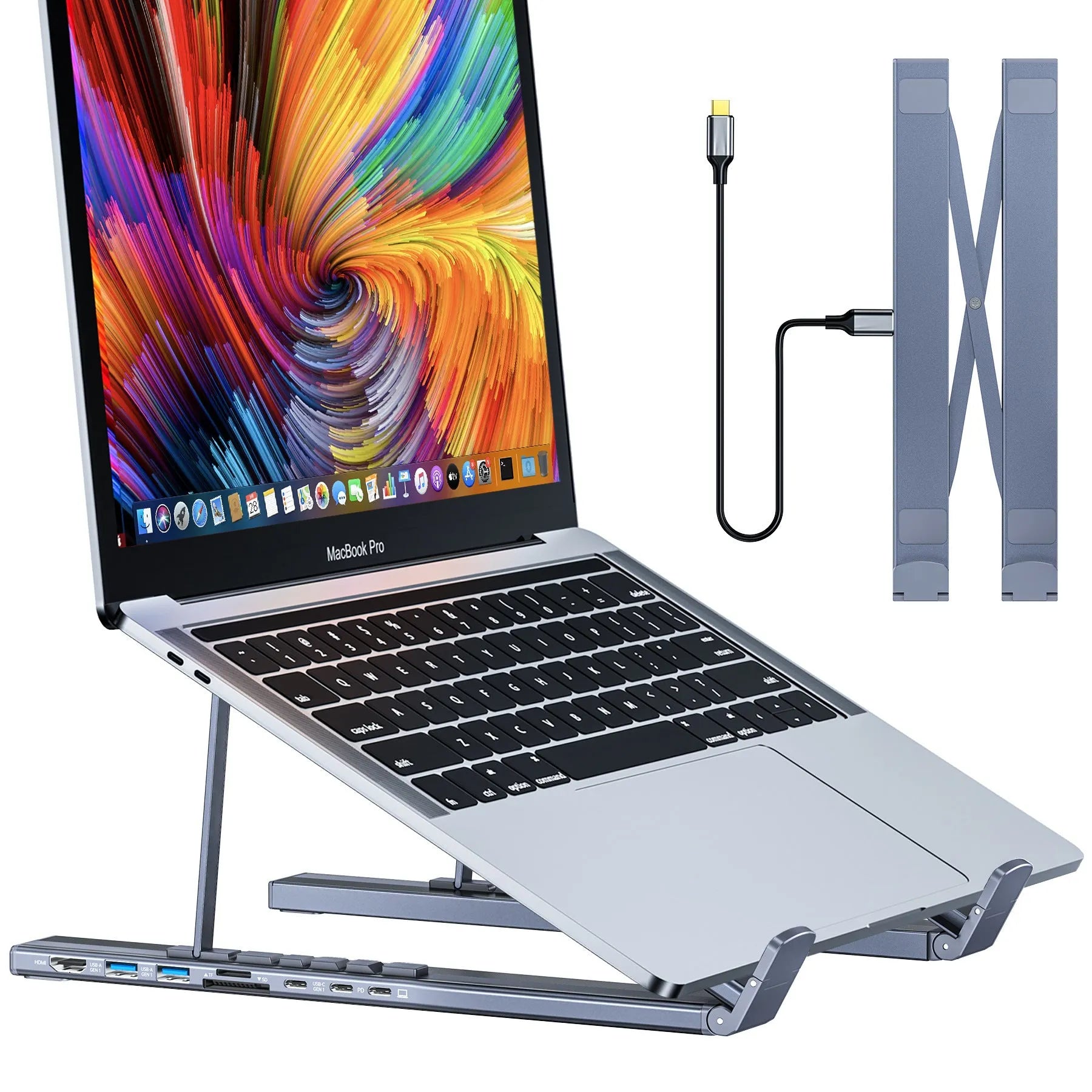 Aluminium multi-interface laptop docking station with folding stand and 0.6m cable.