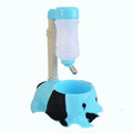Adjustable plastic pet drinking bowl in blue on a rod stand