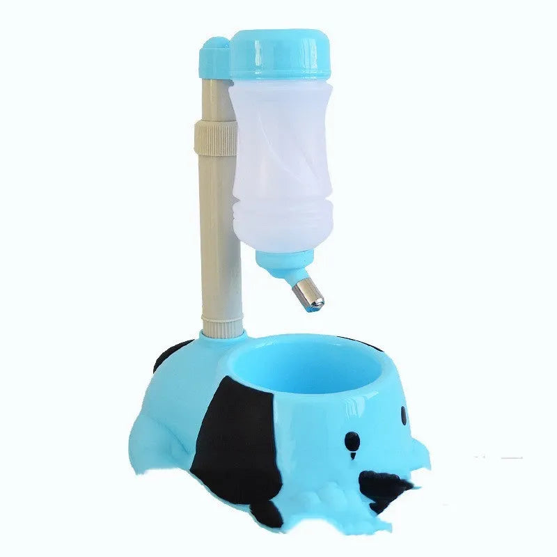 Adjustable plastic pet drinking bowl in blue on a rod stand
