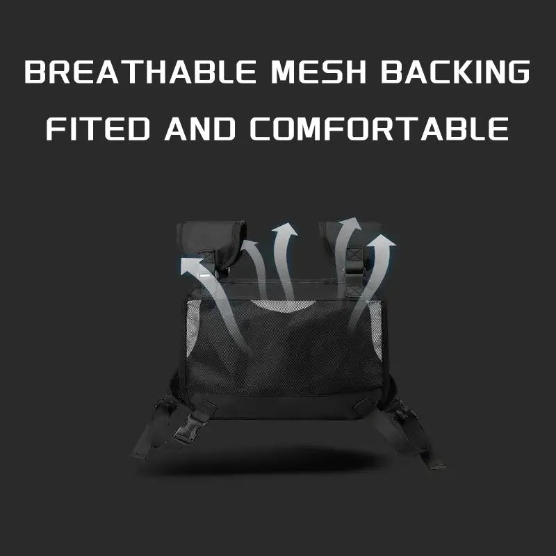 Black outdoor sports chest bag with adjustable straps and reflective mesh pocket for running and cycling