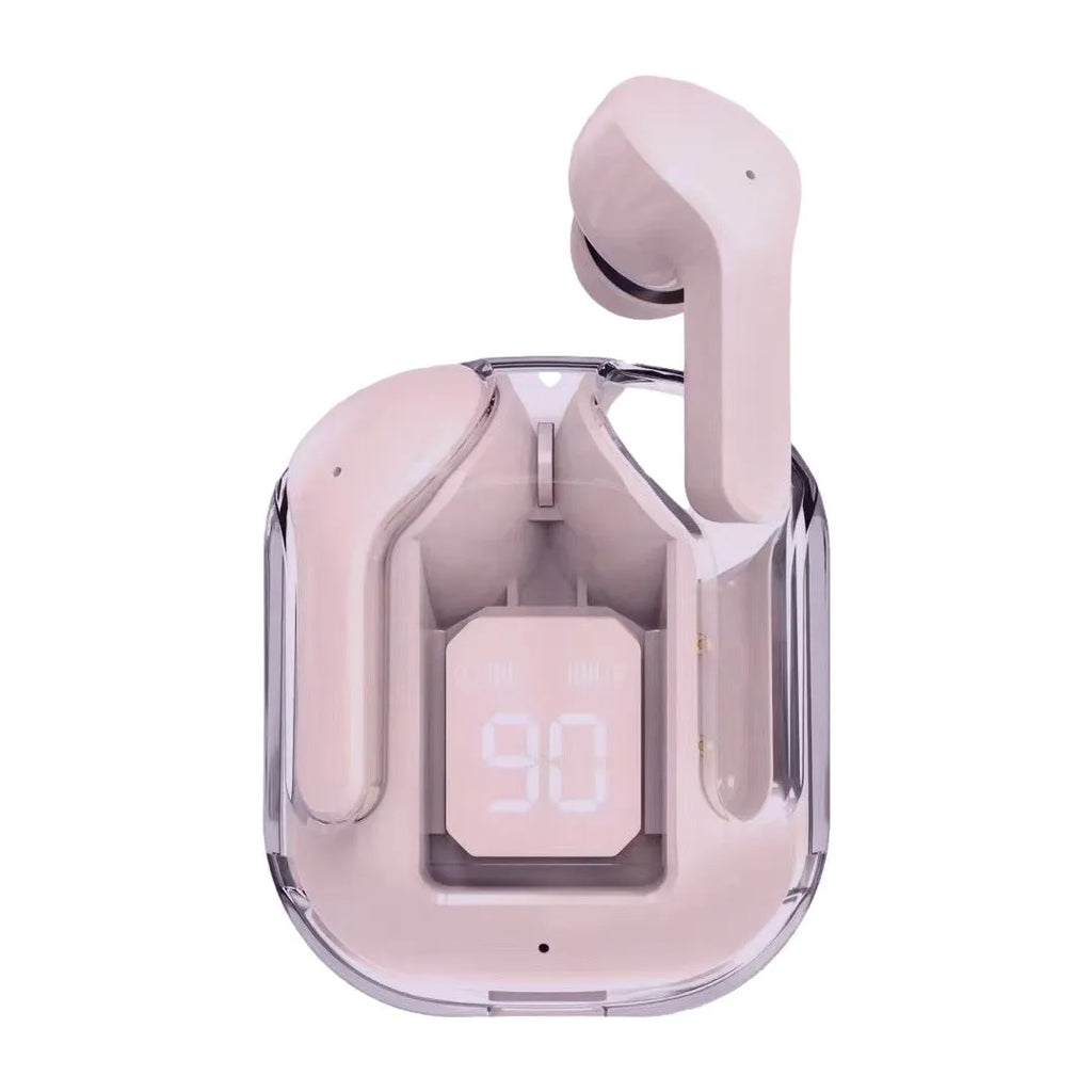 Transparent case true wireless Bluetooth earphones in light blue with digital display screen.