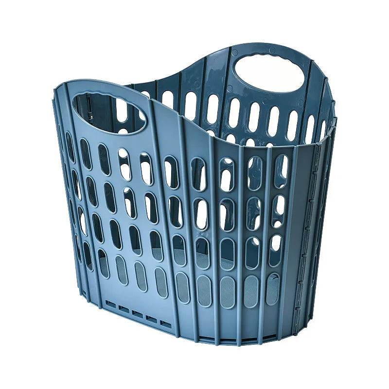 Blue plastic folding mesh dirty laundry basket shown in open position
